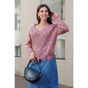 Cupshe Medium Sweater Ribbed V-neck Fringe Beach Boho Multi Stripe Women’s M NWT